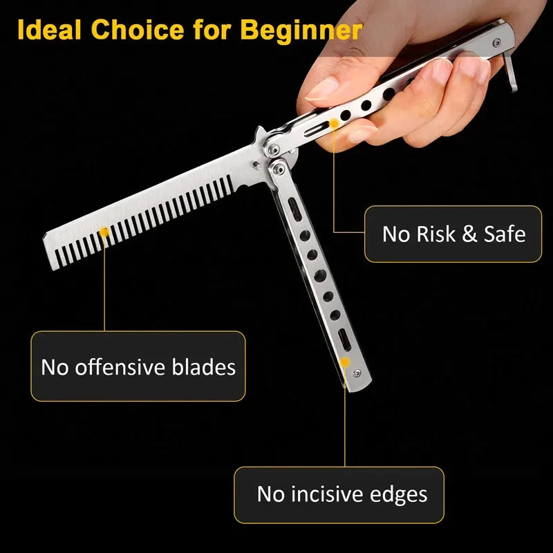 Foldable Comb Stainless Steel Butterfly Knife Comb Beard Moustache