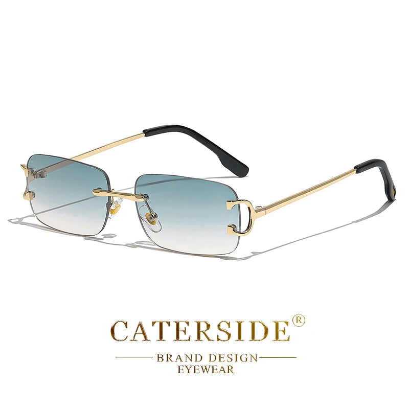 Blue Rectangular Sunglasses Men Rimless Metal Fashion
