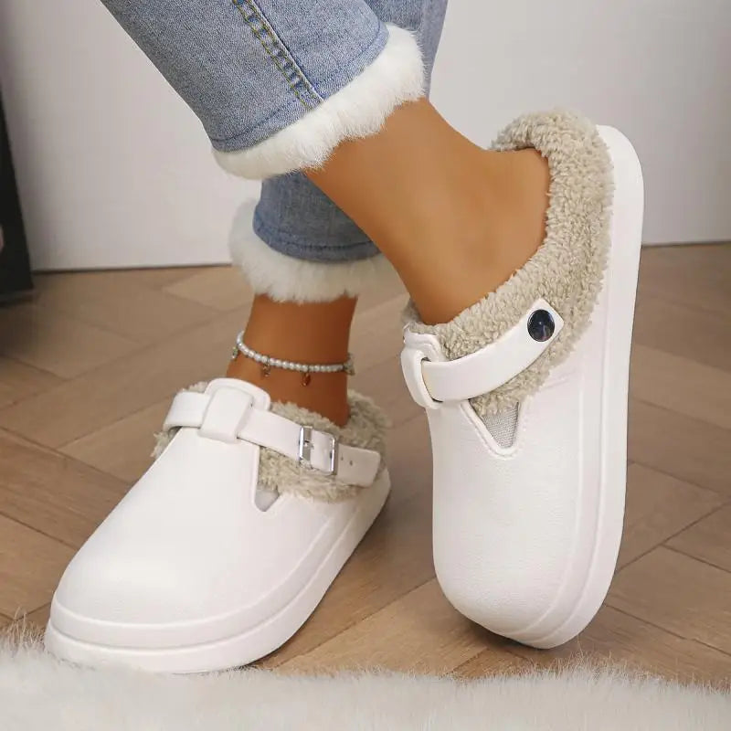 Waterproof Eva Furry Mules Slippers Women Winter Metal Buckle