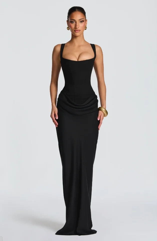 Solid Pleated Sling Dress Women Square Neck Sleeveless