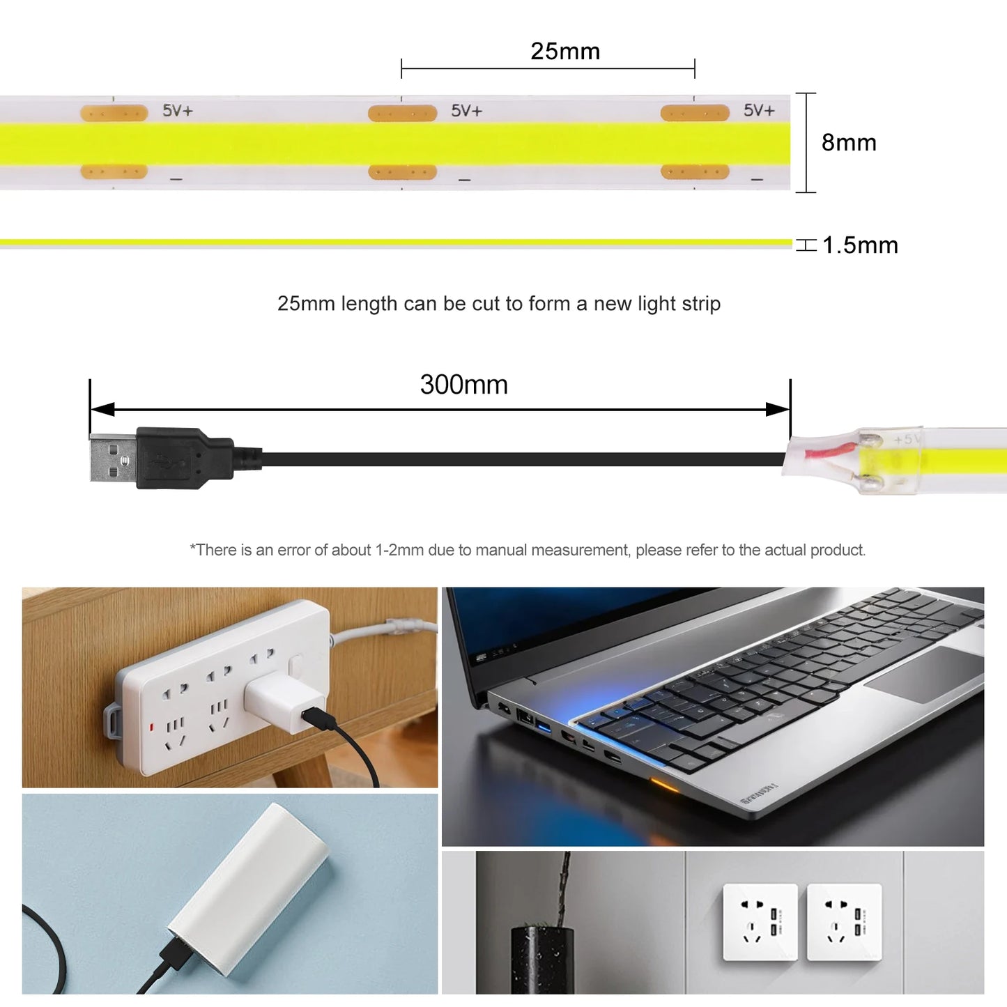 New USB COB Strip Light Flexible Adhesive Tape Night Lighting
