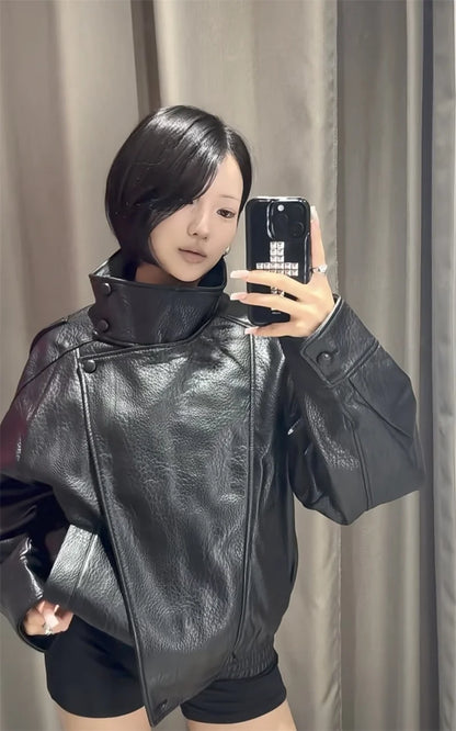 Women's Jacket Fall New Black Long Sleeve Pebble Faux