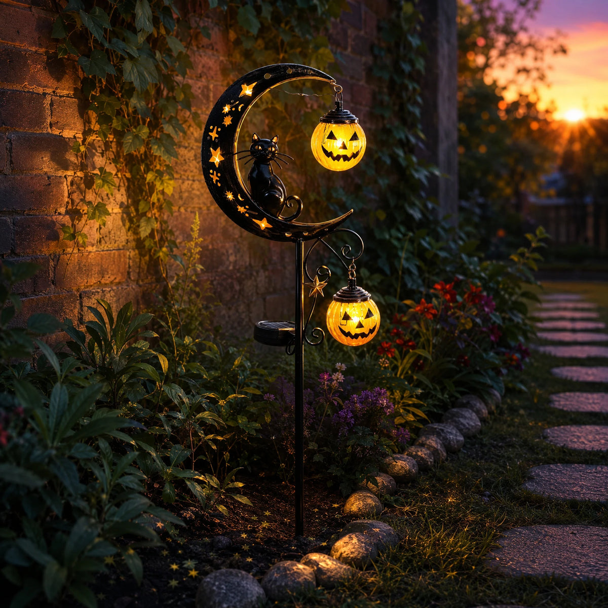 Halloween Solar Garden Stake Light Black Cat On Moon