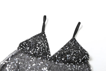 Weird Puss Sequins Patchwork Mesh Camisole Women