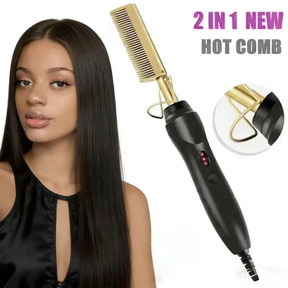 2 in 1 Electric Hot Heating Comb Hair Straightener Curler
