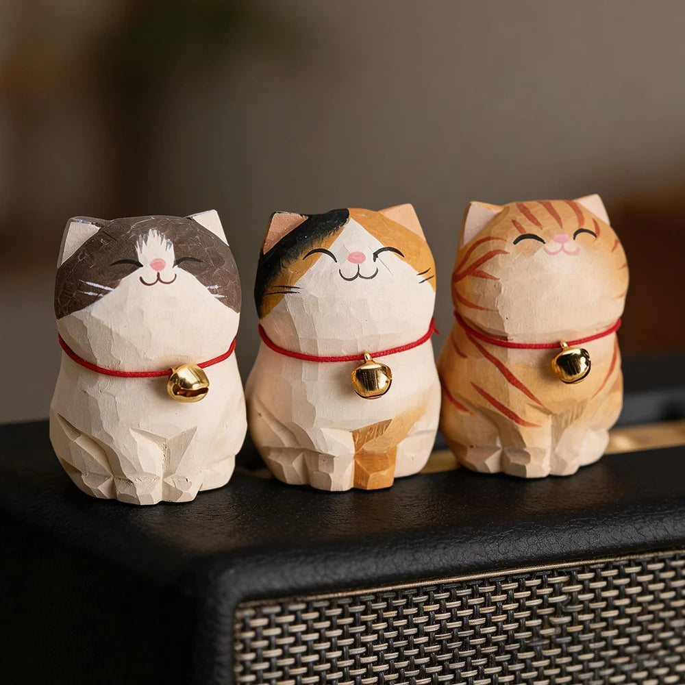 Cute Cat Animals Figurine Decorative Wooden Ornament