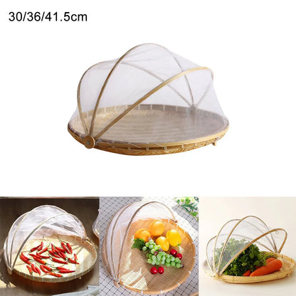 Handmade Bamboo Basket With Net Mesh Cover Kitchen Bread