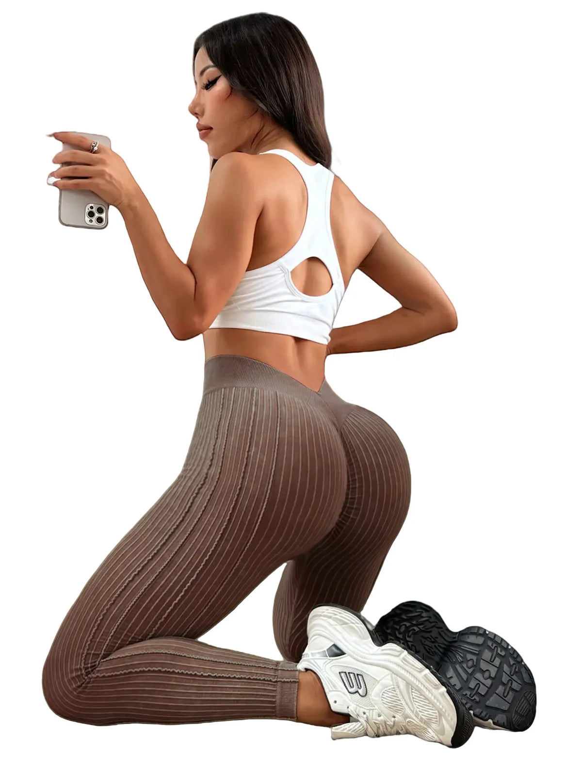 Ladies Sand Wash Ribbed V Back Yoga Leggings Gym