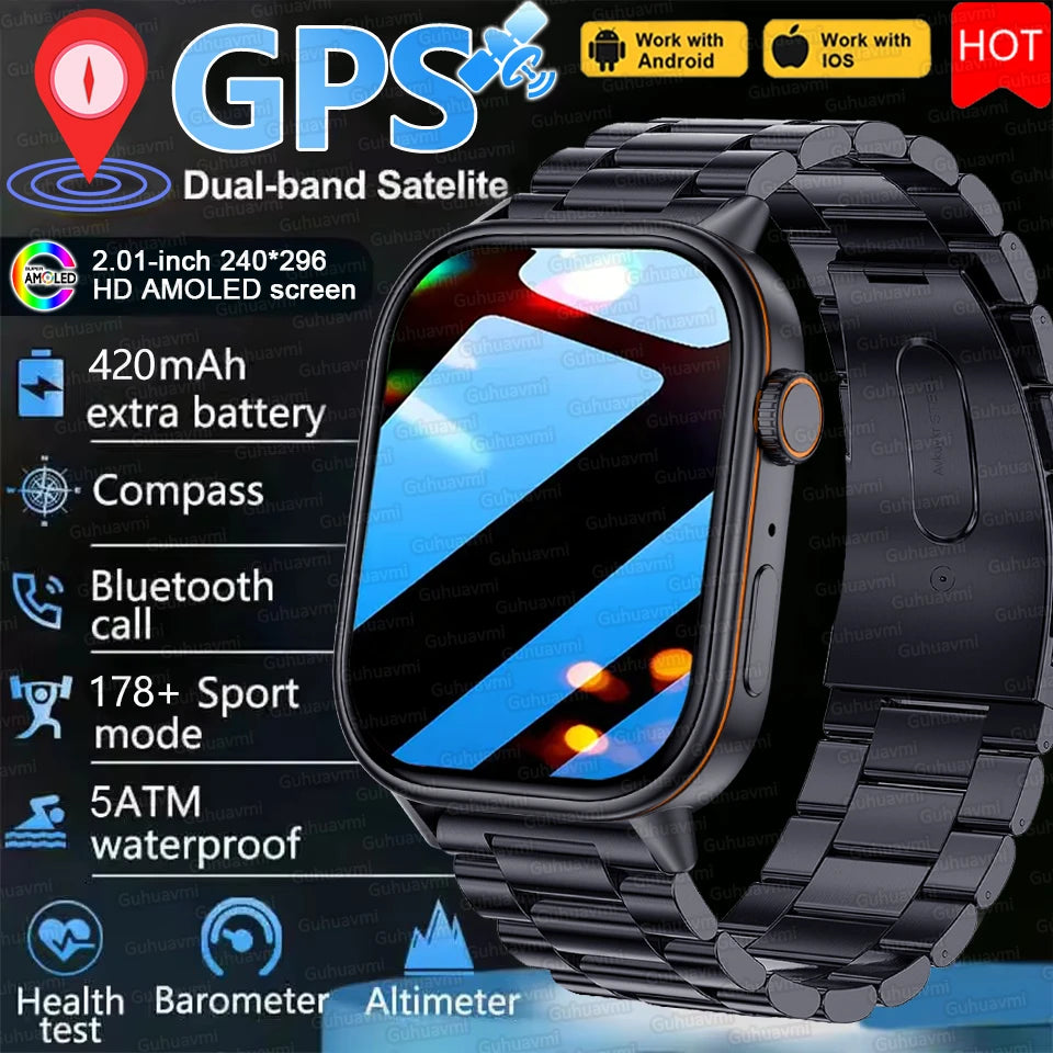 New For Android iOS Outdoor GPS Smart Watch Men 2.01" HD AMOLED