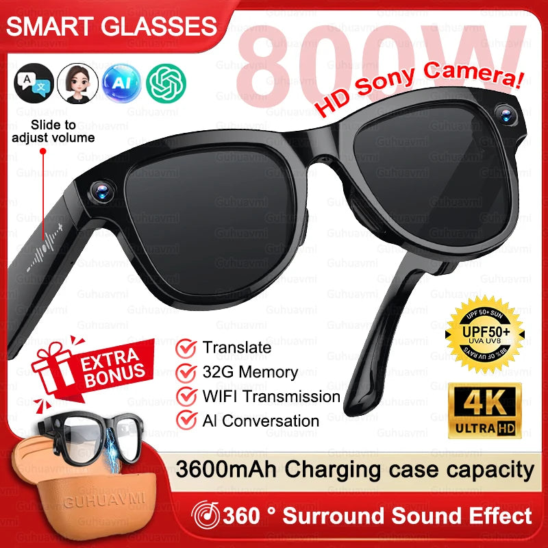 New 3600mAh Large Battery Smart Glasses 8MP HD Camera