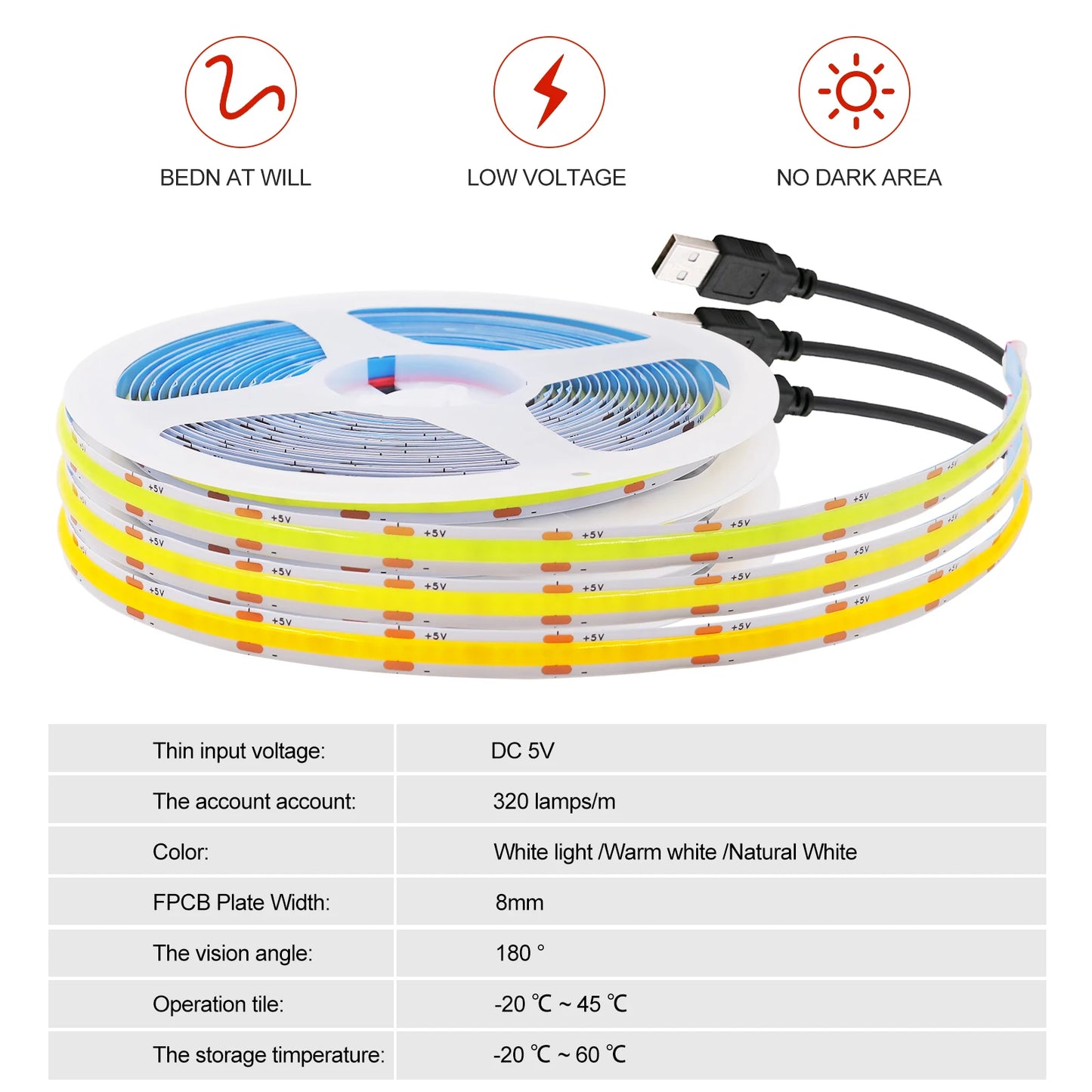 New USB COB Strip Light Flexible Adhesive Tape Night Lighting