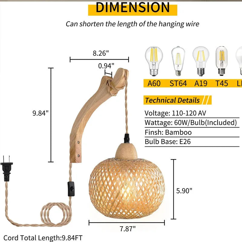 Bamboo Lantern Wall Lamp Natural Rattan Wicker E27 Chandeliers