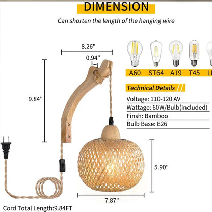 Bamboo Lantern Wall Lamp Natural Rattan Wicker E27 Chandeliers