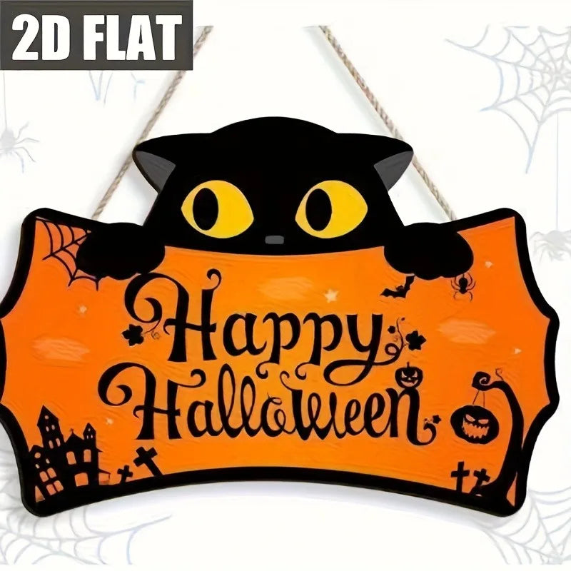 Black Cat Shaped Happy Halloween Wooden Hanging Sign Pumpkin Bat