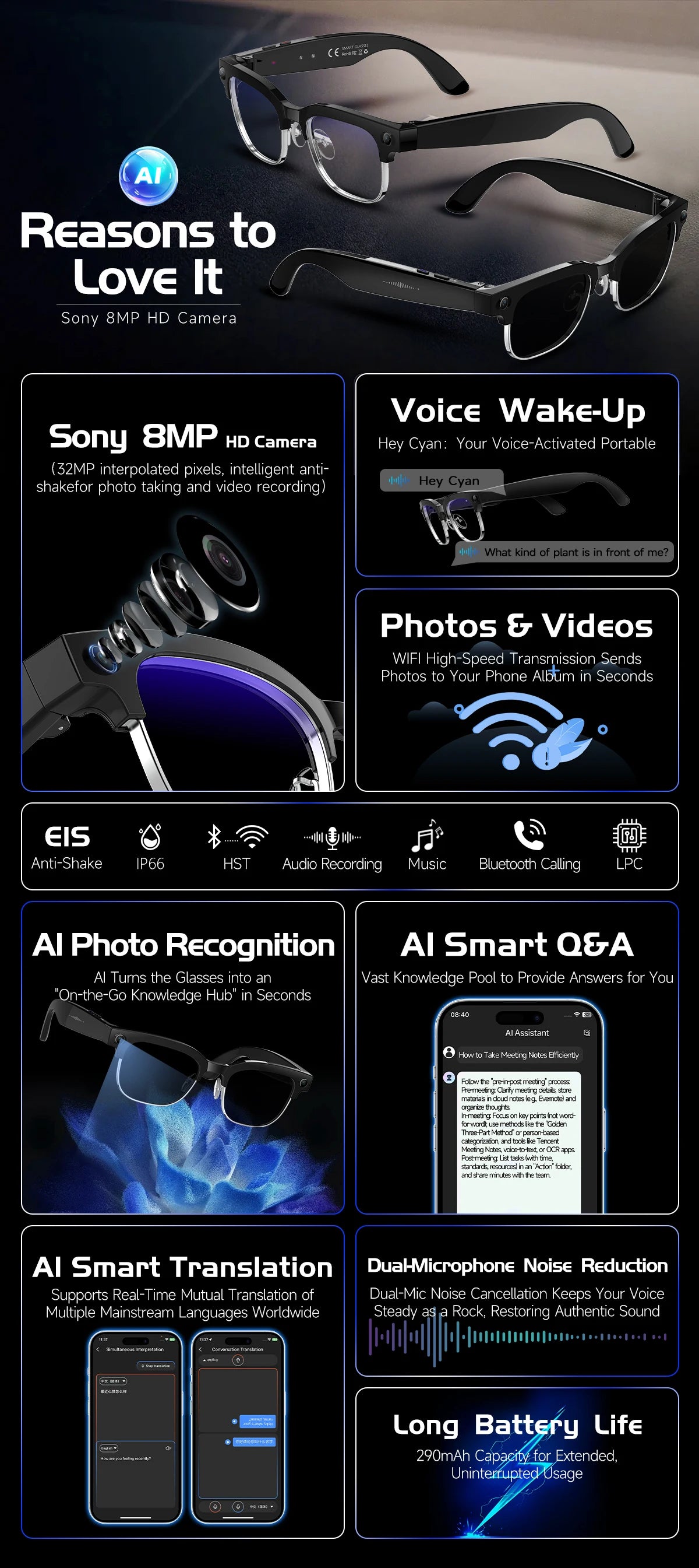 New Upgrade Smart Glasses With Camera Video Recording