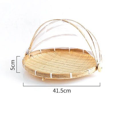 Handmade Bamboo Basket With Net Mesh Cover Kitchen Bread