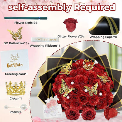 Red Glitter Roses Bouquet DIY Gift Set Everlasting Shiny