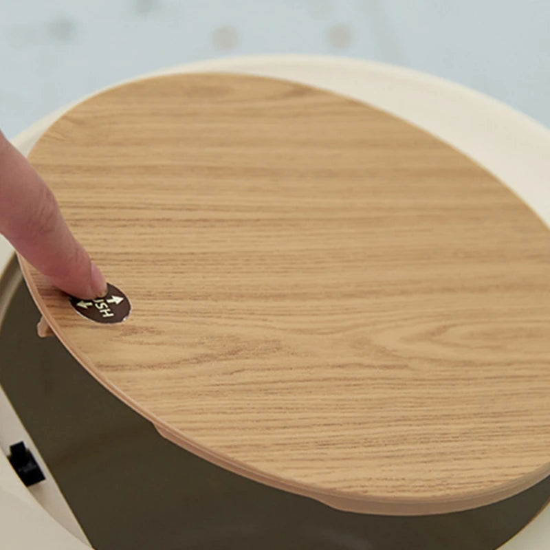 7L Round Wood Grain Trash Can Press Type Garbage Can