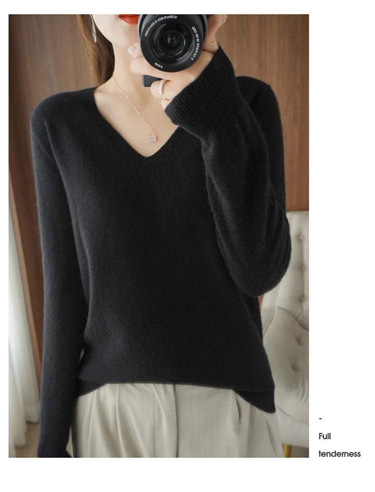 Women's Sweater Autumn Winter Knitted Pullovers V-neck