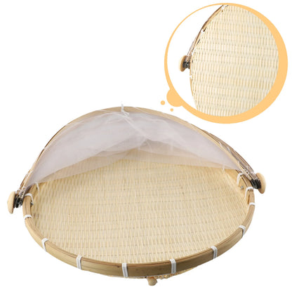 Handmade Bamboo Basket With Net Mesh Cover Kitchen Bread