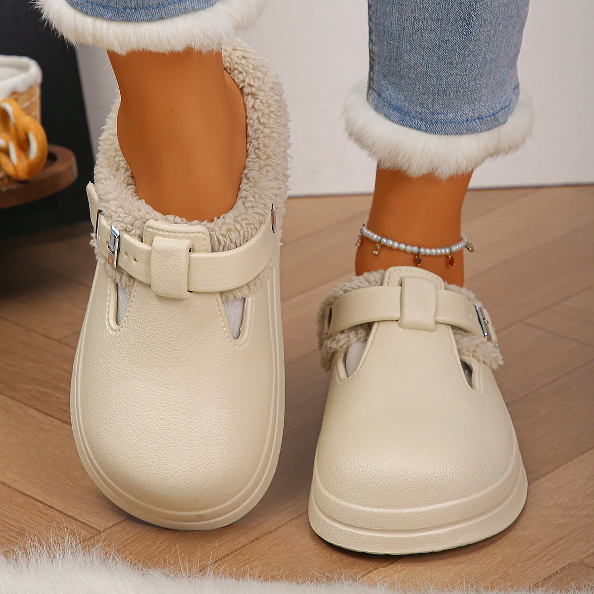 Waterproof Eva Furry Mules Slippers Women Winter Metal Buckle