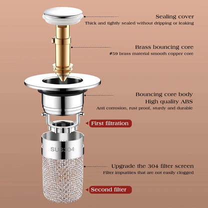 Long Pop-Up Sink Drains Filter Bathroom Press Bounce Basin