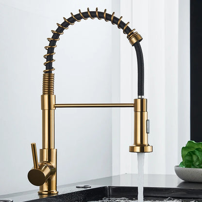 Brushed Gold Kitchen Faucet Pull Down 2-way Spray Single