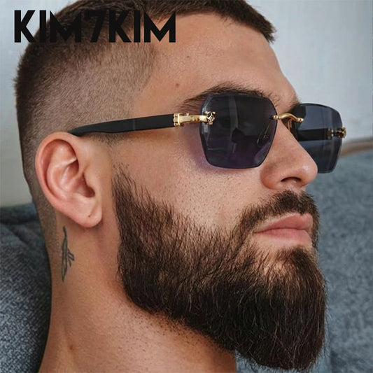 Square Rimless Photochromic Sunglasses Men Vintage