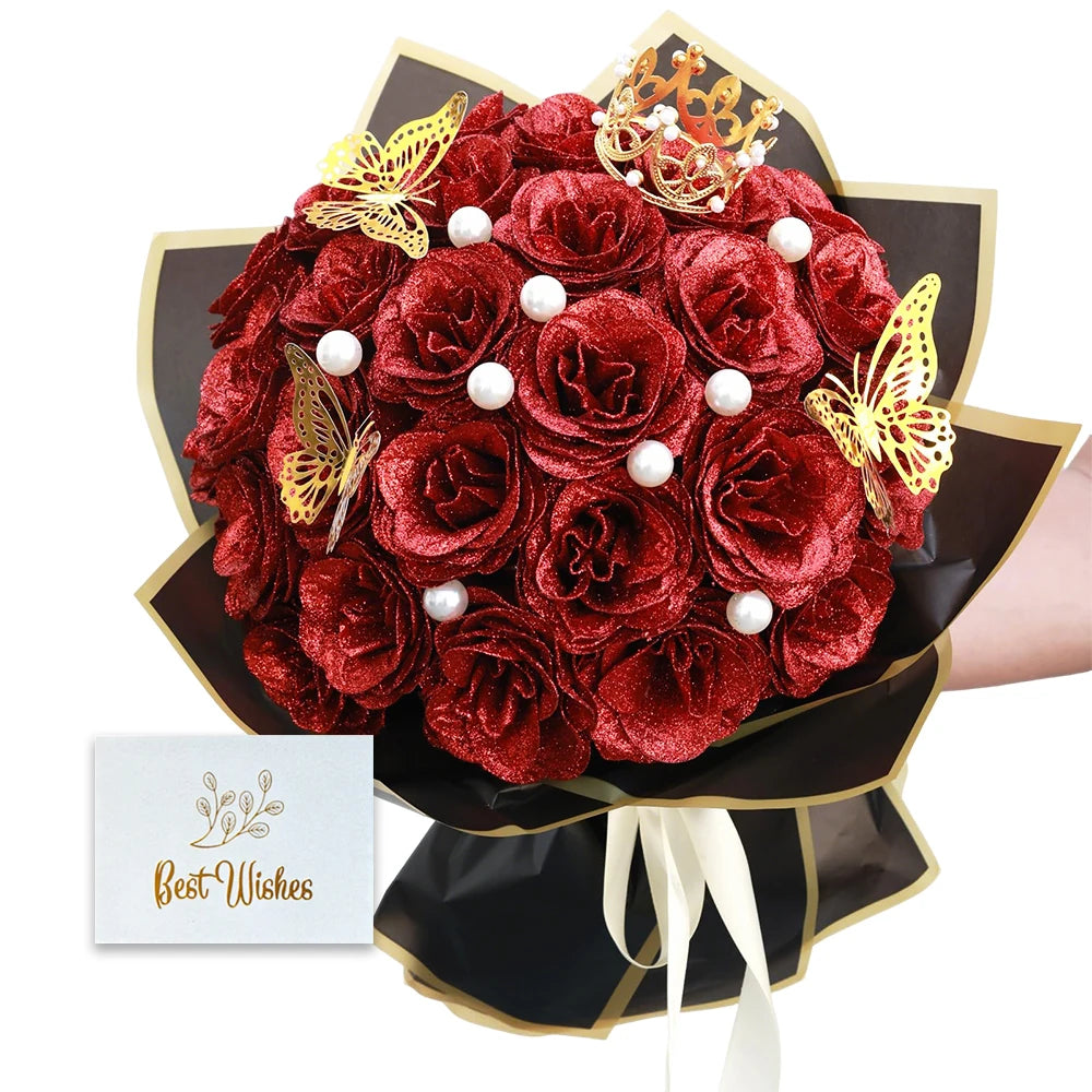 Red Glitter Roses Bouquet DIY Gift Set Everlasting Shiny