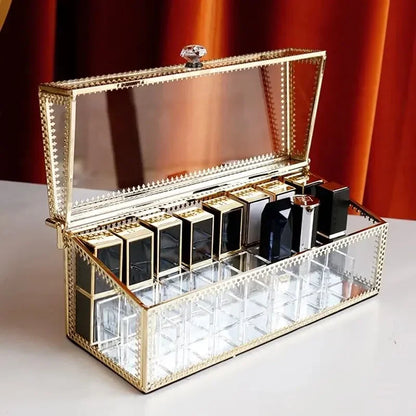 Golden Makeup Organizer Storage Box Glass Cosmetic