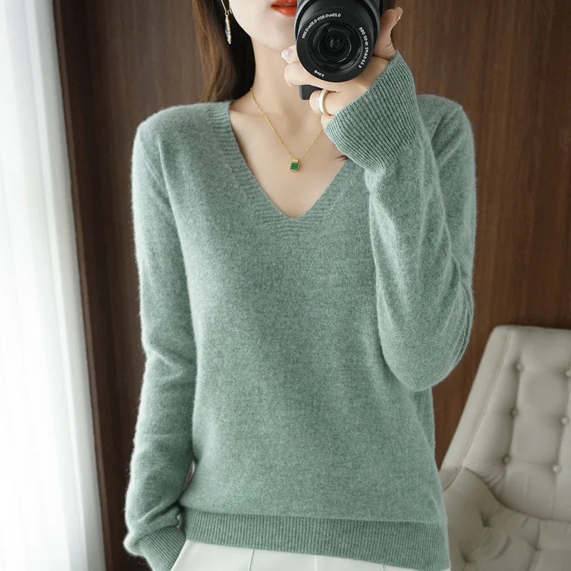 Women's Sweater Autumn Winter Knitted Pullovers V-neck