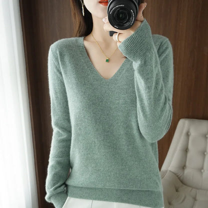 Women's Sweater Autumn Winter Knitted Pullovers V-neck