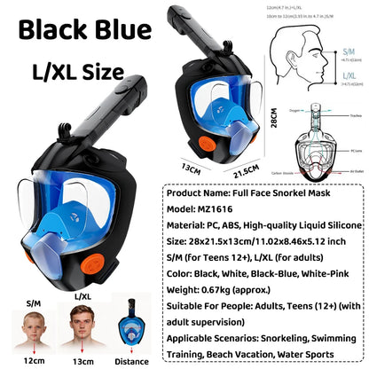 Full Face Snorkel Mask 180° Panoramic View Dry Top Snorkel
