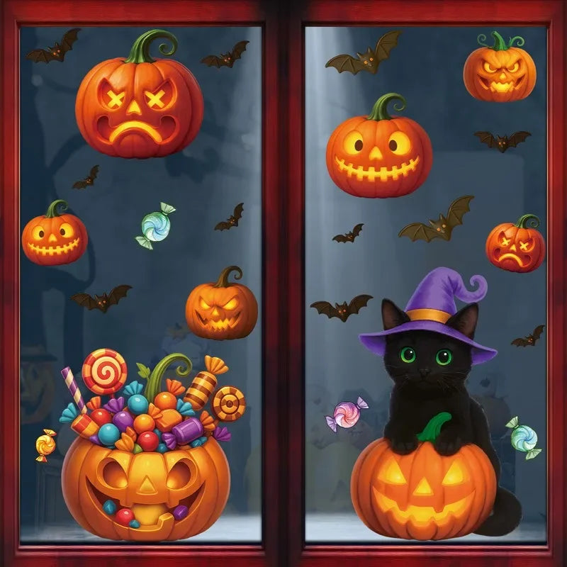 Halloween Window Glass Stickers Cartoon Pumpkin Lantern Candy Bat