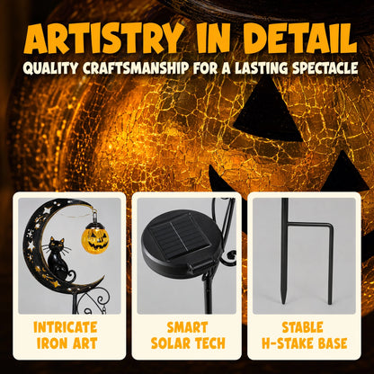 Halloween Solar Garden Stake Light Black Cat On Moon