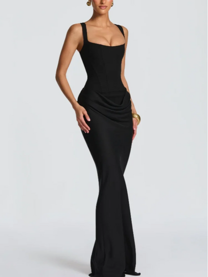 Solid Pleated Sling Dress Women Square Neck Sleeveless
