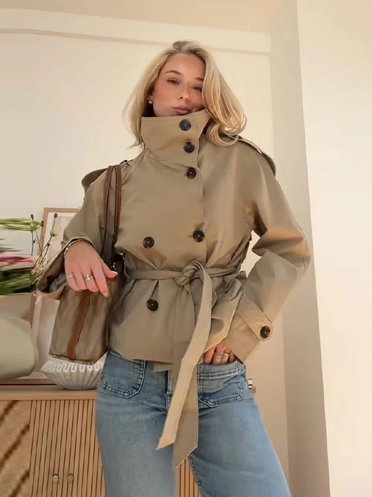 Belted Waist Cropped Trench Jackets Women