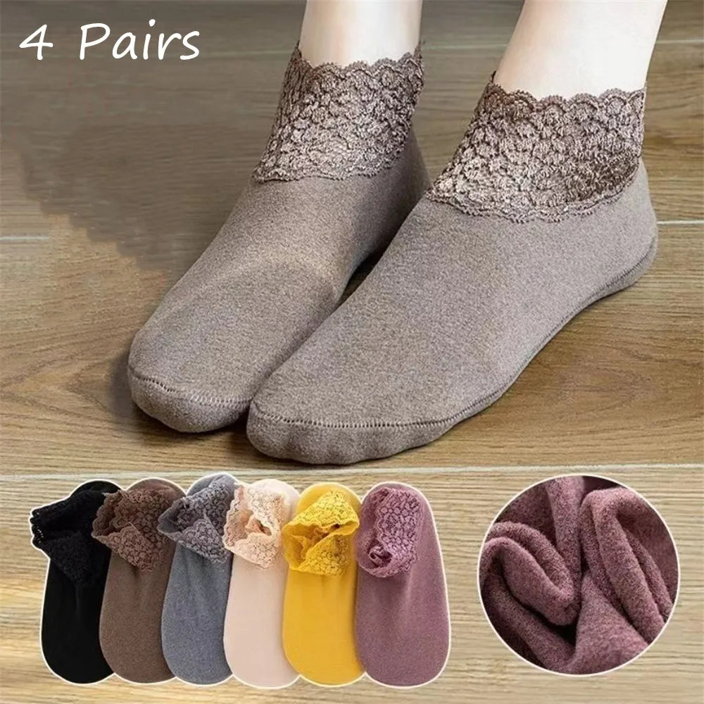 4 Pairs Casual Low Tube Lace Thermal Socks Women