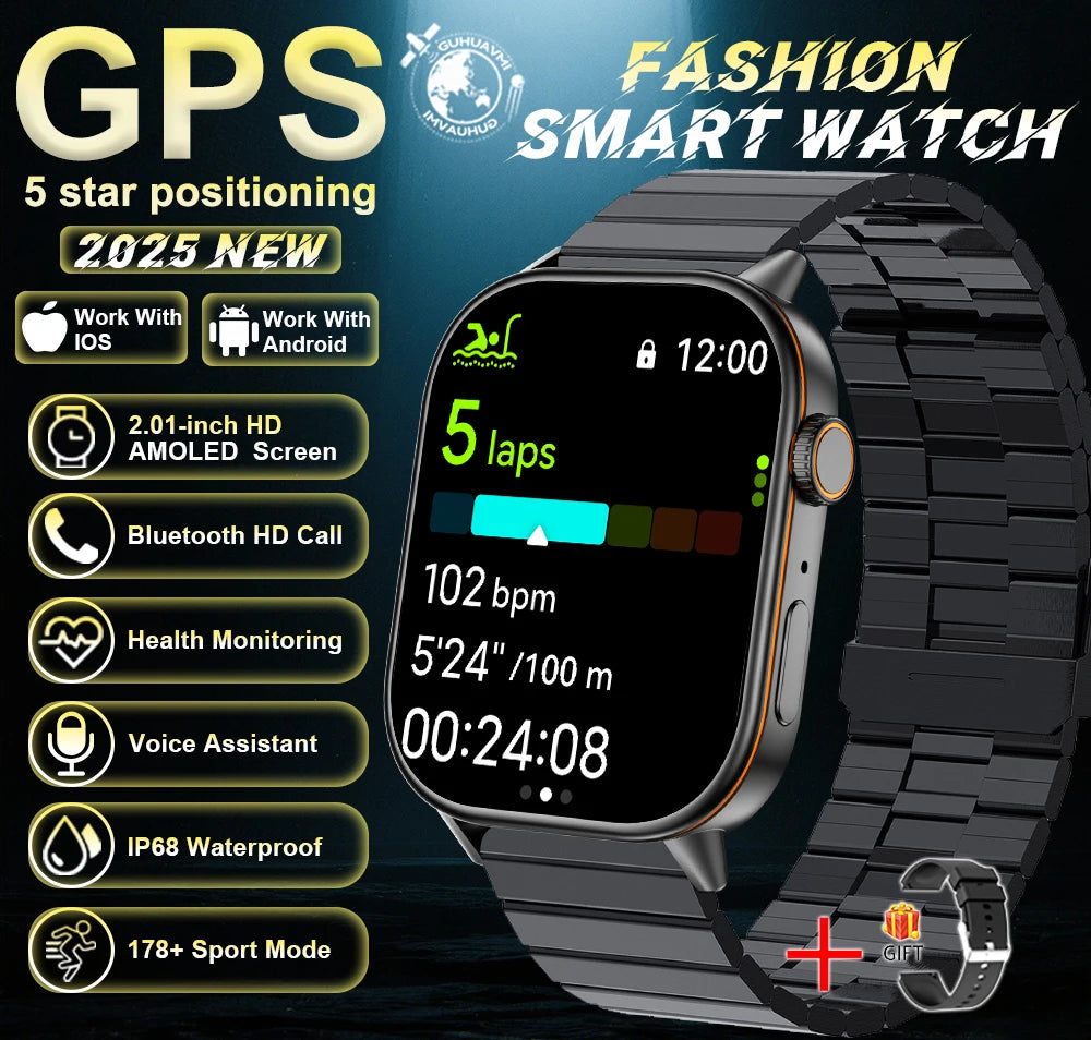 New For Android iOS Outdoor GPS Smart Watch Men 2.01" HD AMOLED