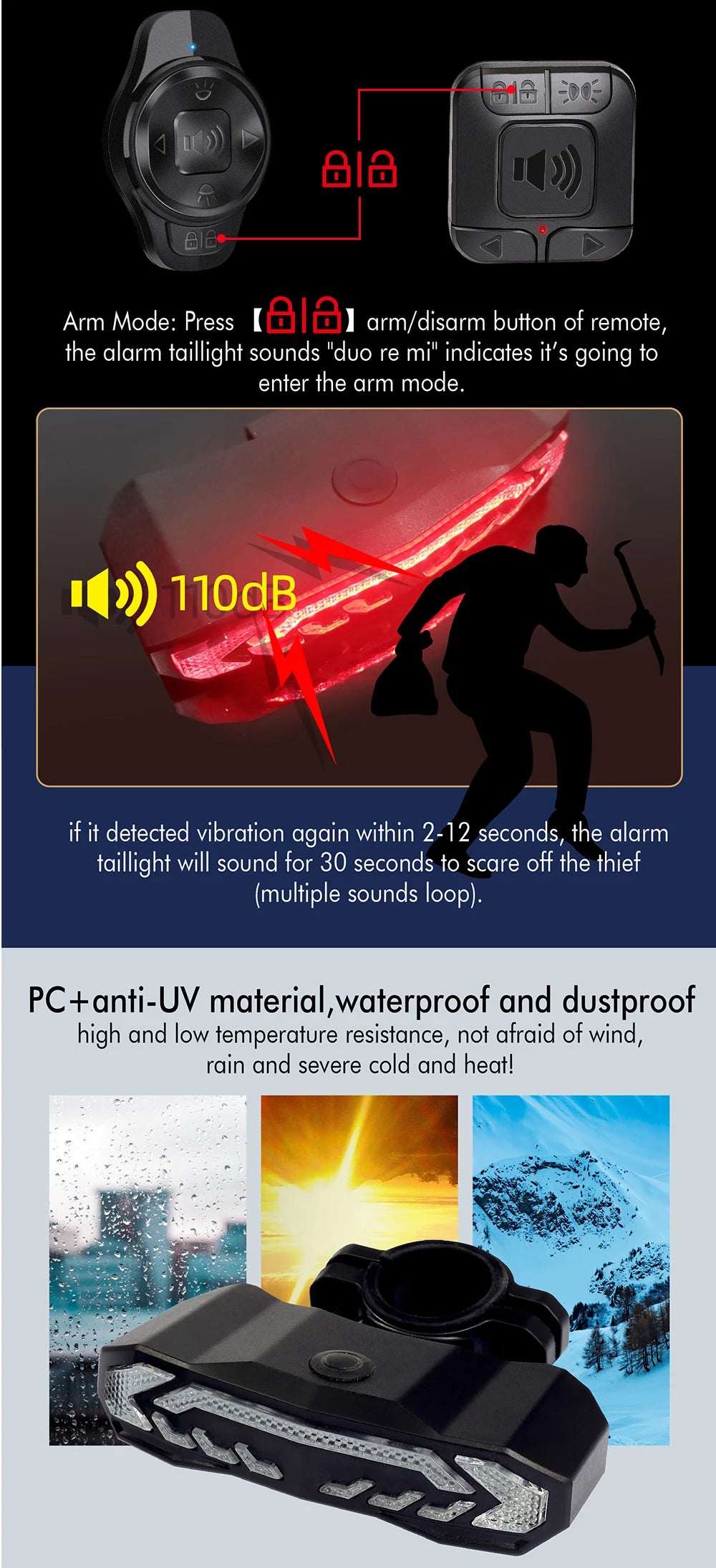 Wireless Bicycle Alarm Rear Tail Light With Turn Signal IP65