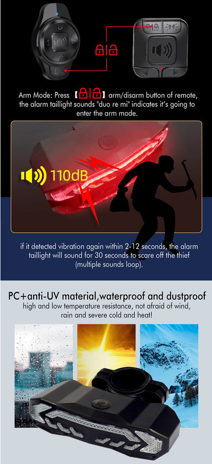 Wireless Bicycle Alarm Rear Tail Light With Turn Signal IP65