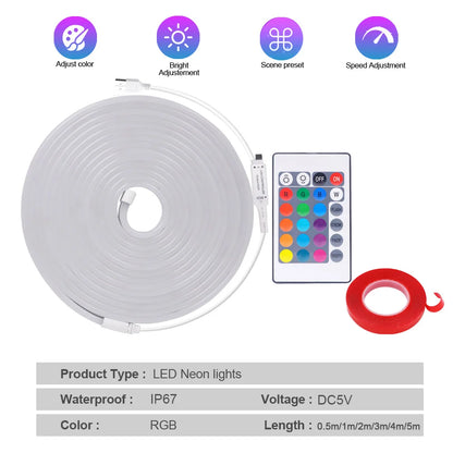 5V USB RGB LED Neon Strip Light 24key Remote Control