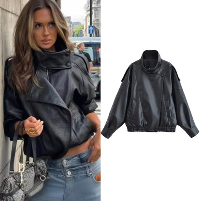 Women's Jacket Fall New Black Long Sleeve Pebble Faux