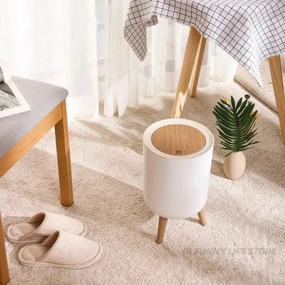 7L Round Wood Grain Trash Can Press Type Garbage Can