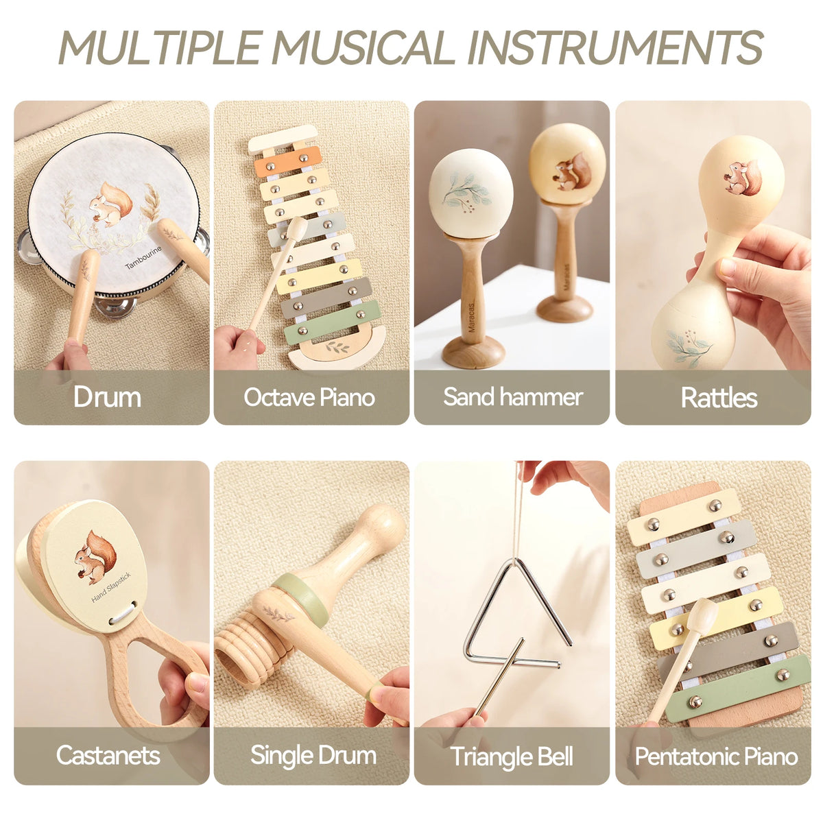 Montessori Wooden Toy Multicolor Xylophone Bell Beads