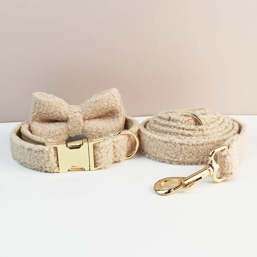 Teddy Velvet Dog Collar And Leash Set For Dogs Custom Engraved