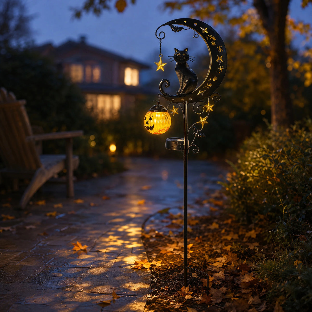 Halloween Solar Garden Stake Light Black Cat On Moon