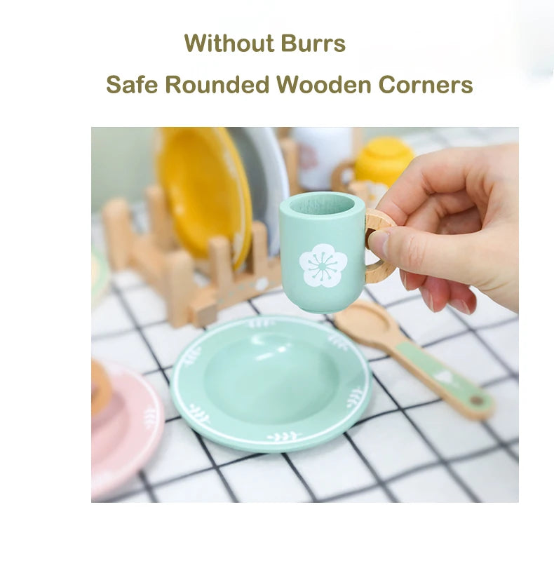 Wooden Kitchen Pretend Play Set Montessori Simulation Plates