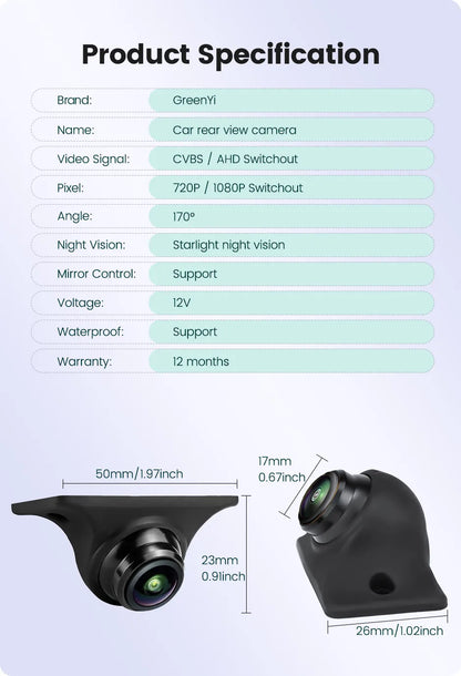 Car Rear View Camera Full HD Night Vision 170° Fisheye Lens