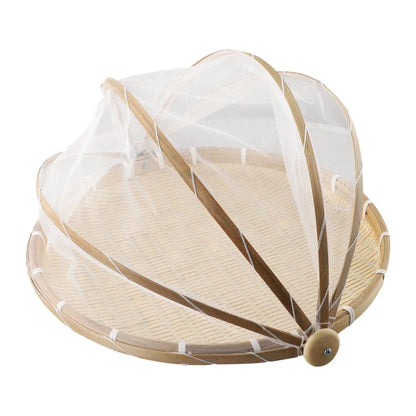 Handmade Bamboo Basket With Net Mesh Cover Kitchen Bread